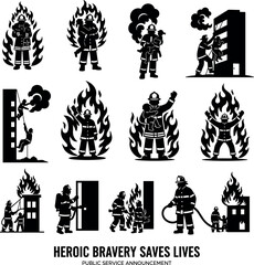 Firefighter, silhouette, rescue, bravery, hero, flames, emergency, child, building, ladder, water, teamwork, axe, danger, safety, public, service, announcement, saving, lives, action