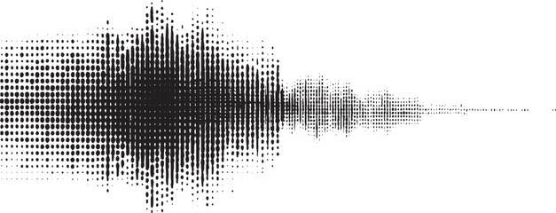 Black dots create a dynamic sound wave pattern against a white background.