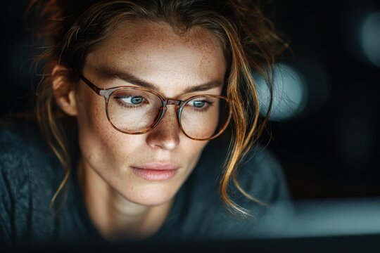 Focused young woman with glasses working late at night on computer intense concentration dedication productivity freelancer remote work home office professional screen light