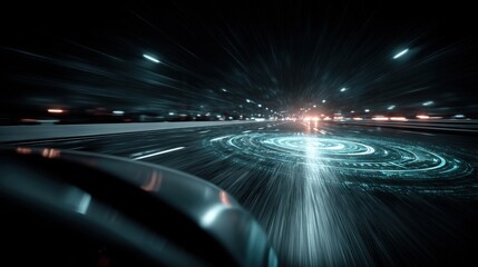 Sleek car driving through a tunnel with bright lights creating a sense of speed and modernity in motion