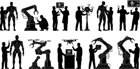 Human, robot, interaction, silhouette, technology, AI, teamwork, innovation, engineering, future, collaboration, digital, machine, research, development, automation, education, drone, screen, humanoid