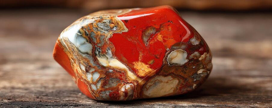 A close-up view of a polished red jasper stone with intricate patterns and textures, resting on a rustic wooden surface.