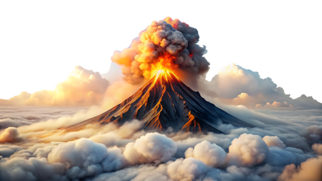 burning volcano in the clouds isolated on white background .PNG. AI Generated