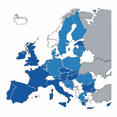 Fototapeta premium Detailed political map of Europe countries shaded in various blue tones.