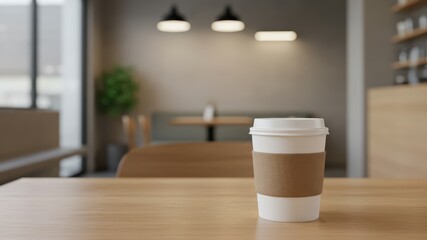 Paper coffee cup on a wooden table in a cafe, empty white and brown mock up cup for promotional and logo display. Template, banner or poster for ads with empty space.	
