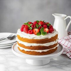 Layered Cake with Fresh Berries and Cream on a White Cake Stand