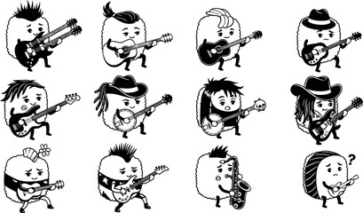 Sushi, cartoon, silhouette, character, music, guitar, saxophone, microphone, band, food, funny, expressive, black, white, whimsical, anthropomorphic, animated, performance, rock, jazz, illustration