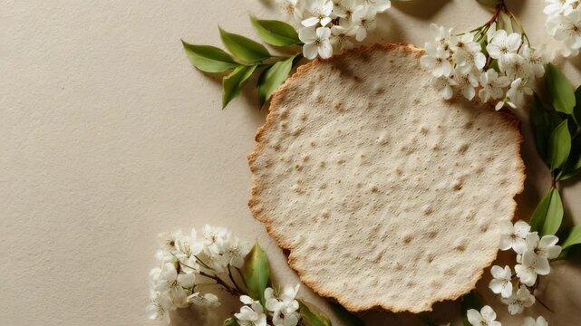 Matzo and flowers lie delicately on a beige surface, with the texture of the matzo complemented by white flowers. The flowers and matzo create a soft and serene arrangement.