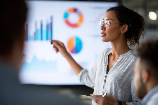 A woman is pointing at a large screen with a presentation on it