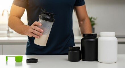Man Holding Black Protein Shaker with Supplement Tubs on Counter &mdash; Fitness