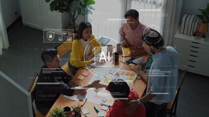 A diverse group of professionals engages in lively collaboration in an office setting, utilizing AI tools and brainstorming techniques for effective project planning. Raster