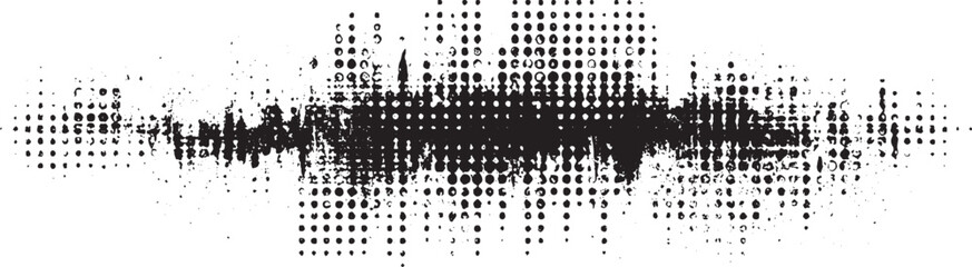 A black and white abstract pattern featuring distressed halftone dots and scattered speckles creating a textured effect.