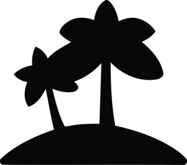 Silhouette of a small tropical island with two stylized palm trees casting a dark shadow creating a serene vacation or escape visual concept.