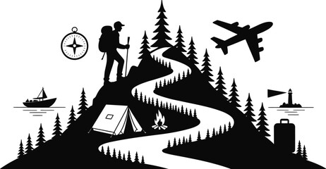 Epic travel and adventure icons featuring mountains with a backpacker, explorer, airplane, boat, lighthouse, compass, and a tent 