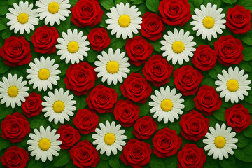Vibrant red roses and white daisies create beautiful floral arrangement on lush green leaves