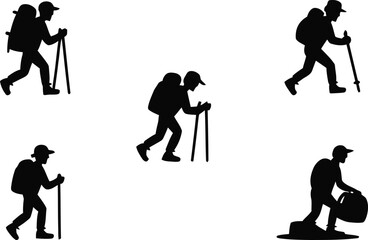 Silhouette collection of hikers with backpacks and trekking poles in images