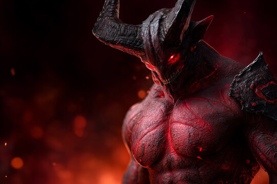 A demonic looking man with red skin and horns