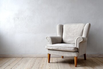 Fototapeta premium Wingback armchair stands against a textured wall on a wooden floor.