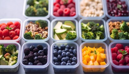 Recipientes con comida saludable organizada para preparación semanal