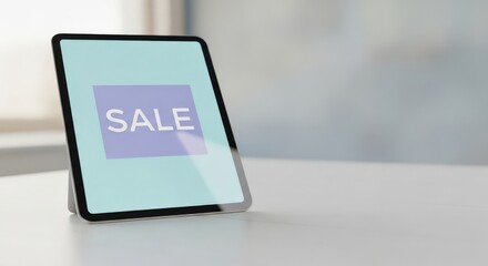 Digital tablet displaying sale promotional message on table  