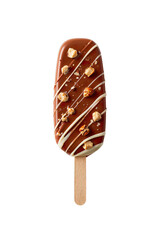 Transparent Png of a Delicious Chocolate Ice Cream Bar with White Drizzle, Topped with Roasted Hazelnuts and Sprinkles, on a Wooden Stick, Sweet Dessert