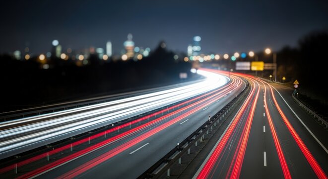 Nighttime highway with light trails from moving vehicles  