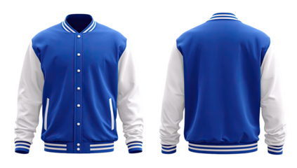 Front and back view of a royal blue varsity jacket with white sleeves and stripes
