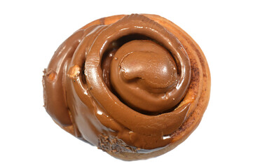 a chocolate cinnamon roll, a type of sweet roll or pastry that made of rolled dough with a cinnamon and sugar mixture then topped with chocolate glaze or frosting, popular in North Europe and America