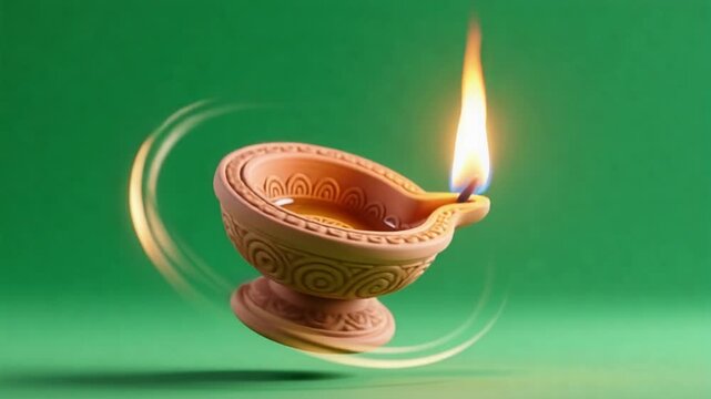 Spinning Diya Lamp with Flickering Flame on Green Screen &ndash; Authentic 3D Diwali Decoration, Festive, Celebration, Indian Culture, Hindu Holiday