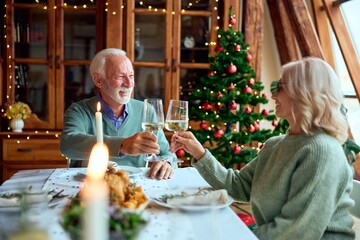Older Couple Toasts By Christmas Tree For Cozy New Year Dinner Celebration