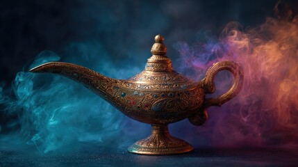 Naklejka premium A beautifully crafted, vintage lamp surrounded by colorful smoke, evoking a sense of mystery and magic.