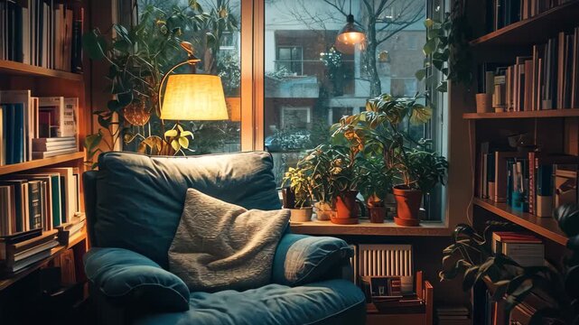 Explore a cozy reading nook filled with plants and warm light in a tranquil indoor setting
