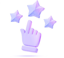 Holographic glass hand clicks on crystal rating stars 3d render. Customer feedback for service or goods. High quality award. Client review icon for shopping with purple blue gradient. 3D illustration