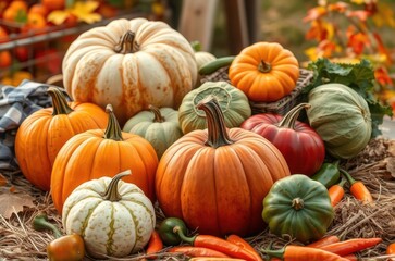 A detailed outdoor still life of pumpkins, cabbages, and peppers on hay, surrounded by warm autumn colors, capturing Oktoberfest rustic beauty. Generative AI