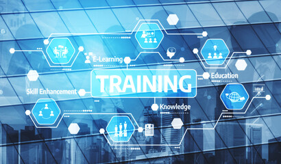 This image showcases a digital training concept integrating e-learning and skill enhancement,...