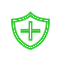 Fototapeta premium Green outline of a shield with a plus sign inside, suggesting protection, health, or security, isolated on a white background.