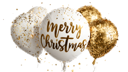 Merry Christmas and New Year 2026 concept featuring shiny 3D white and gold foil balloons floating with confetti and festive glow, isolated on white background