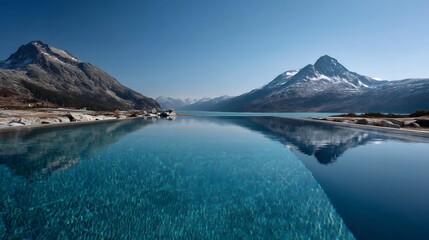 Obraz premium Serene Mountain Lake Reflection: Calm Waters and Majestic Peaks under a Clear Blue Sky Capture the Beauty of Nature