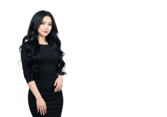 Elegant woman with long dark hair in black dress standing isolated on transparent background