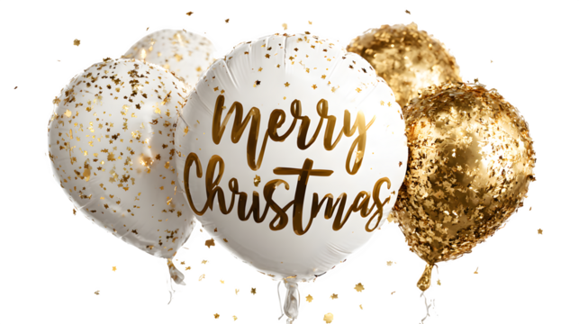 Merry Christmas and New Year 2026 concept featuring shiny 3D white and gold foil balloons floating with confetti and festive glow, isolated on white background