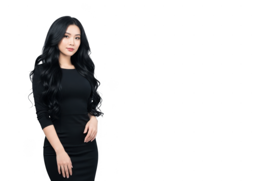 Elegant woman with long dark hair in black dress standing isolated on transparent background - Powered by Adobe