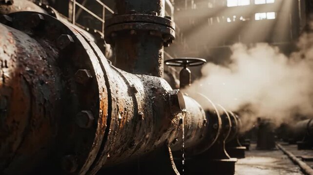 Rusty industrial pipe leaking steam in a dark factory setting. Close-up on a corroded pipeline with a pressure valve. Atmospheric scene with dramatic sunlight beams
