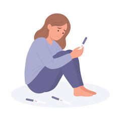 Sad woman holding negative pregnancy test. Unhappy girl after infertility result. Female disappointment and depression.