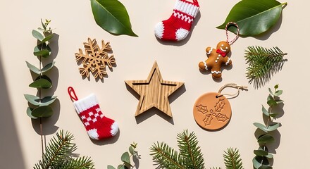 Christmas arrangement of seasonal decorations with festive cheer