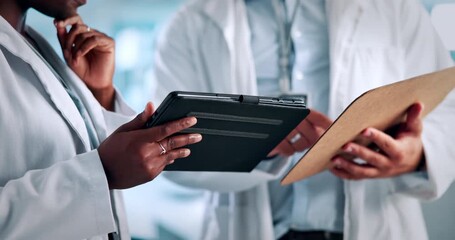 Tablet, research and hands of people in lab for medical report, experiment notes or stem cell study. Healthcare results, online review and planning with scientist in clinic for dna repair and project - Powered by Adobe