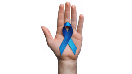 Hand holds a blue ribbon symbolizing diabetes awareness, AI, PNG