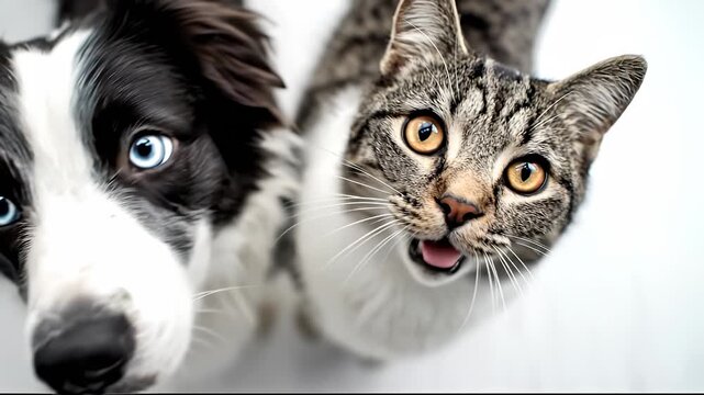 A curious dog with bright eyes stands beside a cat with striking whiskers. The dog's gaze persists, while the cat's whiskers seem to accentuate its playful expression.