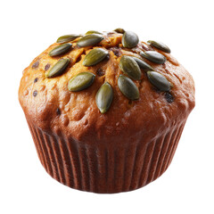 Round, golden-brown muffin topped with pumpkin seeds