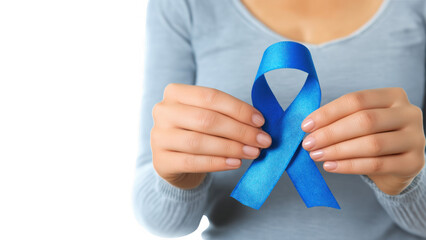 Person holding blue ribbon for diabetes awareness, created AI, PNG