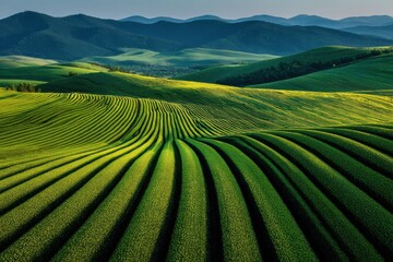 Obraz premium Rolling green hills with linear pattern and mountains backdrop. Perfect for nature, agriculture, travel or peaceful background.